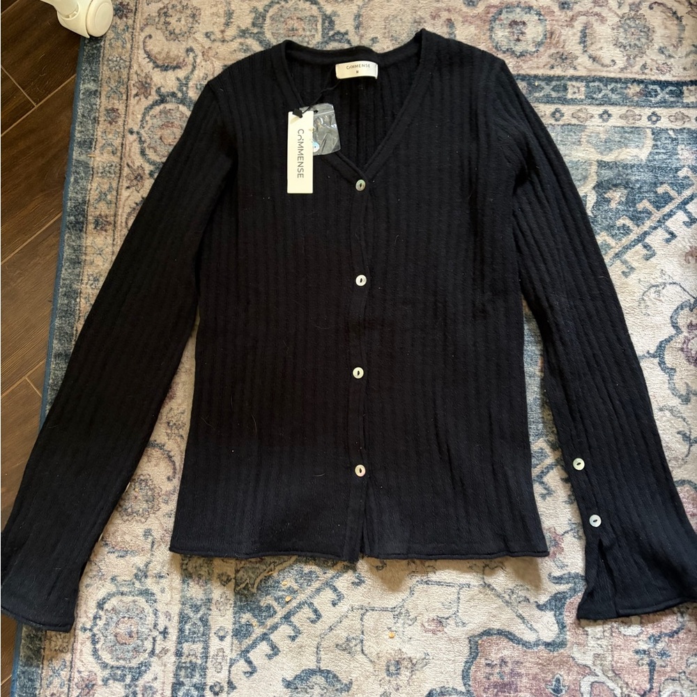 Commense Black Ribbed Knit Cardigan